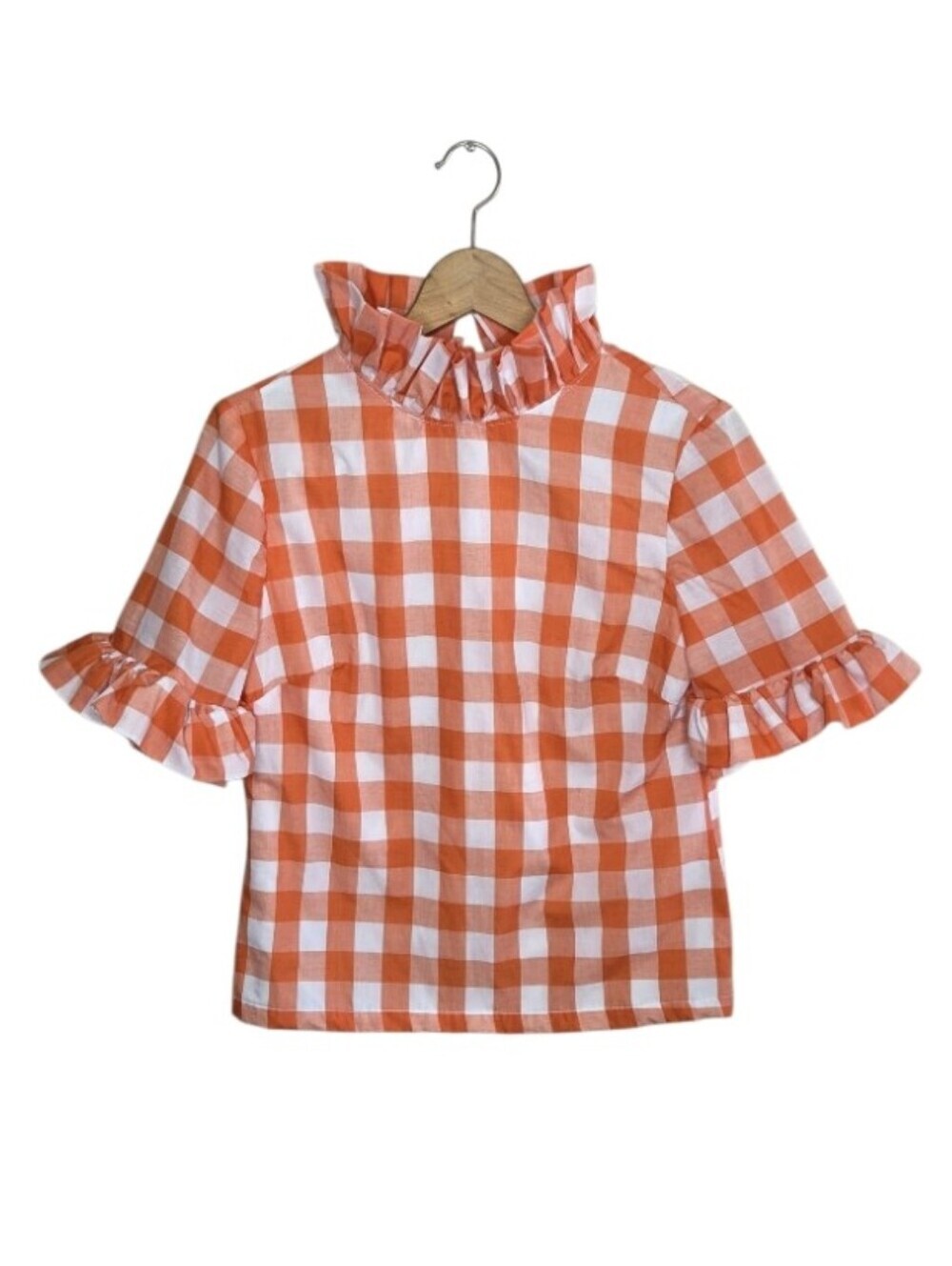 Elizabeth Wilson Orange White Check Ruffled Collar Short Sleeve Top Preppy Small